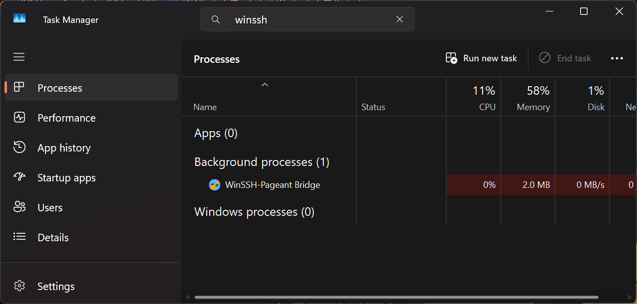 Screenshot of Windows Task Manager showing winssh-pageant.exe running as a process.