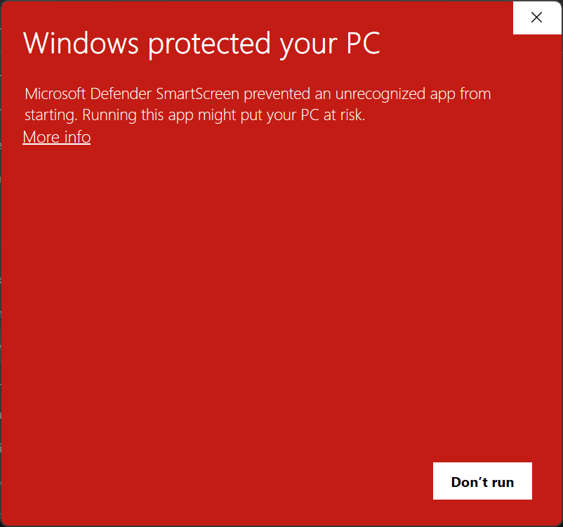 Windows security warning dialog showing "Windows protected your PC" with "More info" link to bypass the warning