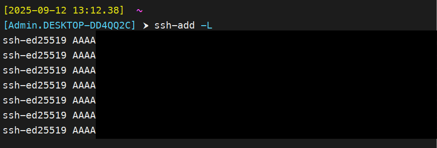 Screenshot showing the output of `ssh-add -L` in MobaXterm, listing available SSH public keys.